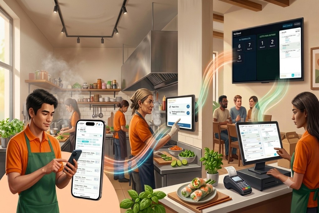 KaiFood en el local: mesero con móvil, cocina con KDS, caja POS y Board en TV, conectados en tiempo real